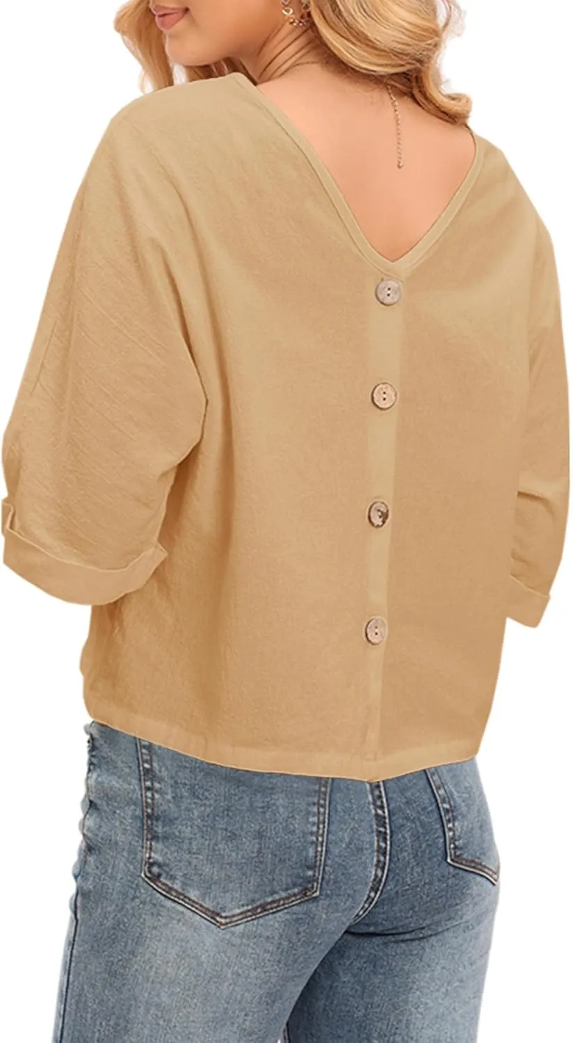 LNX Womens V Neck Button Down Linen Shirts Short Sleeve Casual Blouses Summer Tops