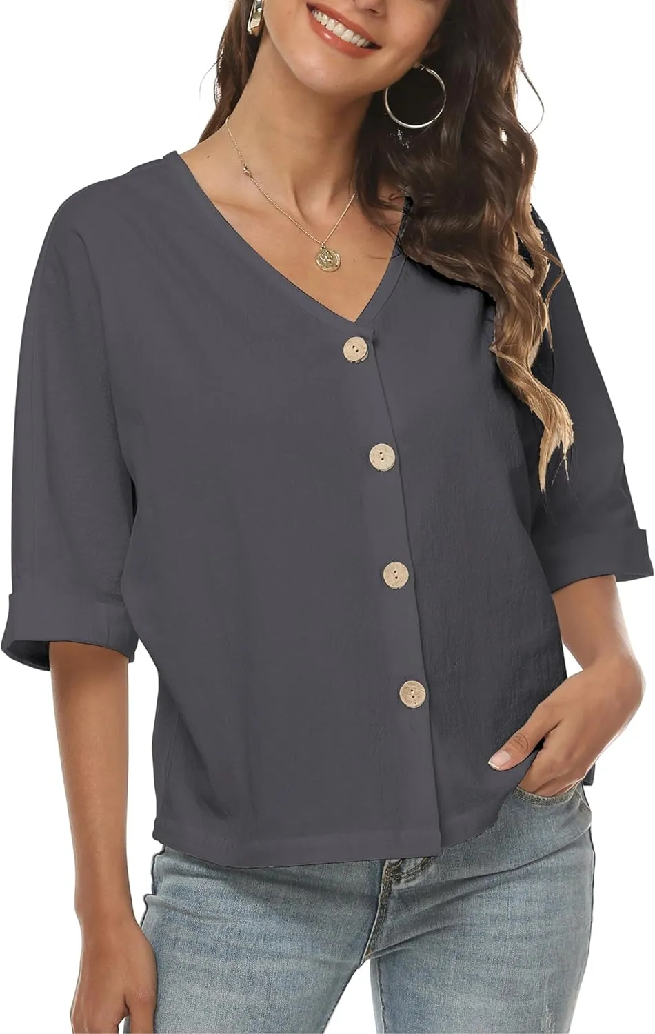 LNX Womens V Neck Button Down Linen Shirts Short Sleeve Casual Blouses Summer Tops