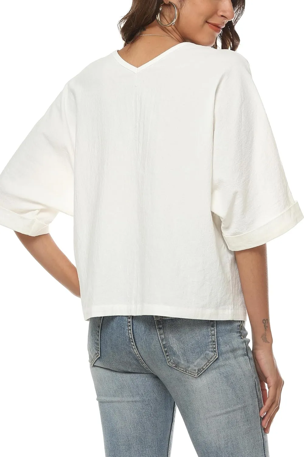 LNX Womens V Neck Button Down Linen Shirts Short Sleeve Casual Blouses Summer Tops
