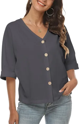 LNX Womens V Neck Button Down Linen Shirts Short Sleeve Casual Blouses Summer Tops
