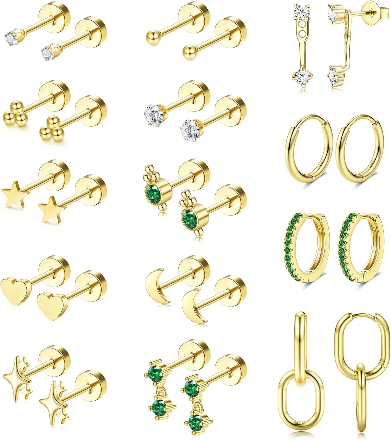 LOLIAS Hypoallergenic Surgical Steel Earrings for Sensitive Ears 20G Silver/Gold Flat Back Earrings for Women Trendy Small Stainless Steel Earrings Dainty Flatback Stud Hoop Earring Sets for Multiple Piercing 14Pairs