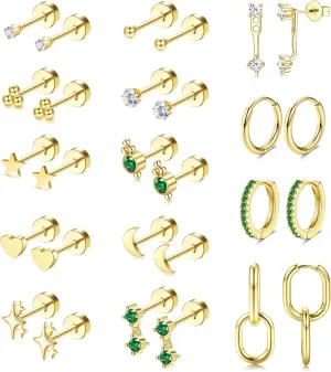 LOLIAS Hypoallergenic Surgical Steel Earrings for Sensitive Ears 20G Silver/Gold Flat Back Earrings for Women Trendy Small Stainless Steel Earrings Dainty Flatback Stud Hoop Earring Sets for Multiple Piercing 14Pairs
