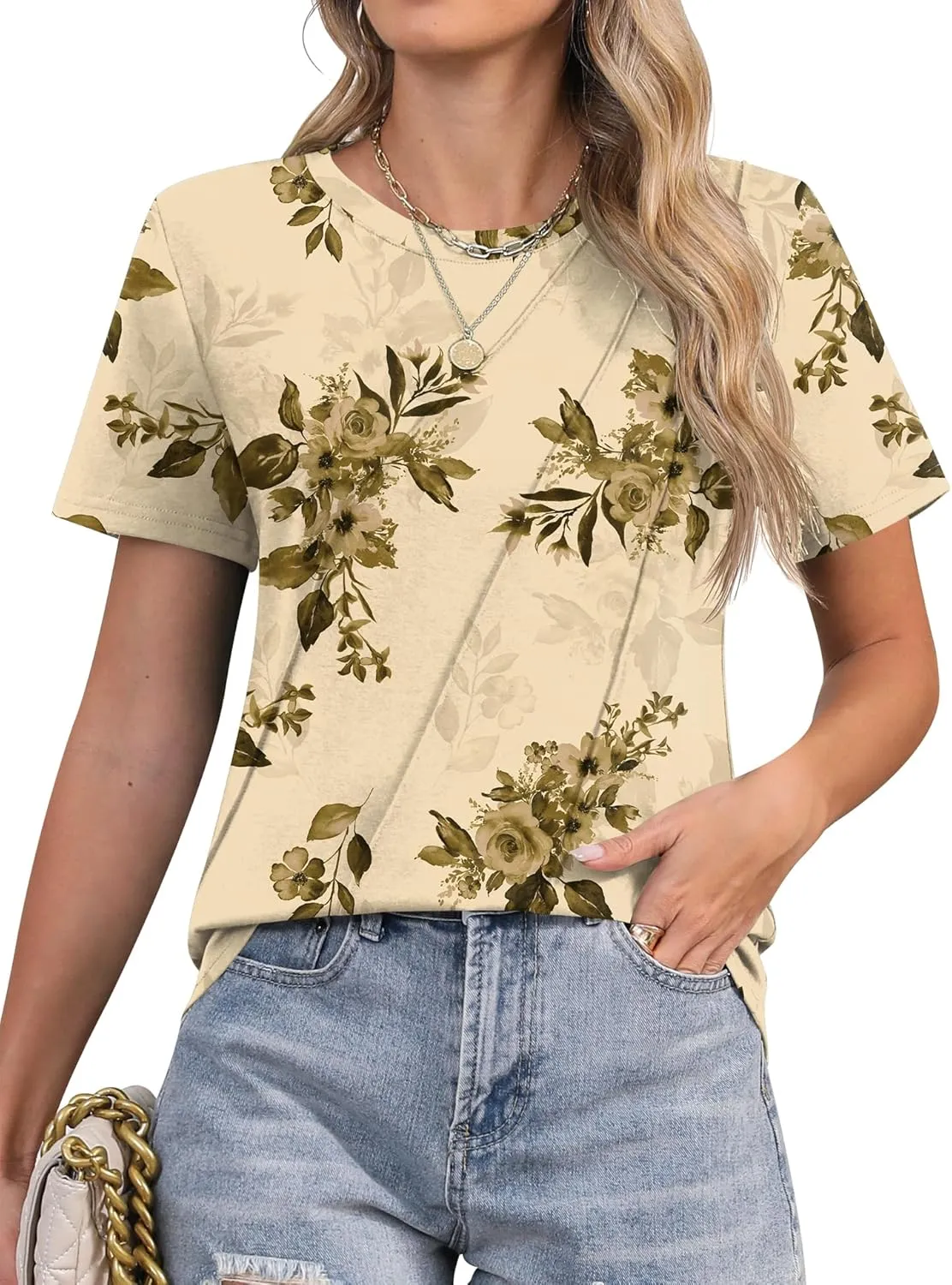 LOMON Womens Summer Tops 2025 Crew Neck Short Sleeve Pleated Tops Blouses Spring Fashion