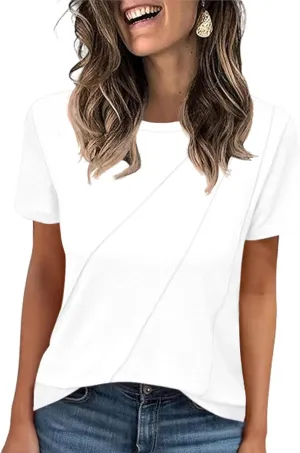 LOMON Womens Summer Tops 2025 Crew Neck Short Sleeve Pleated Tops Blouses Spring Fashion