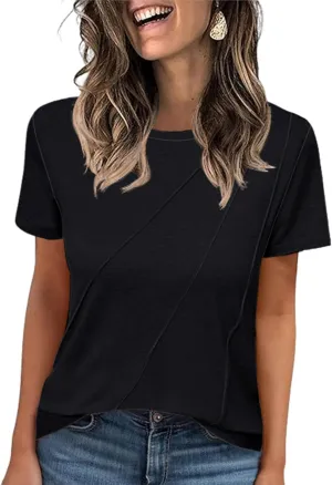 LOMON Womens Summer Tops 2025 Crew Neck Short Sleeve Pleated Tops Blouses Spring Fashion