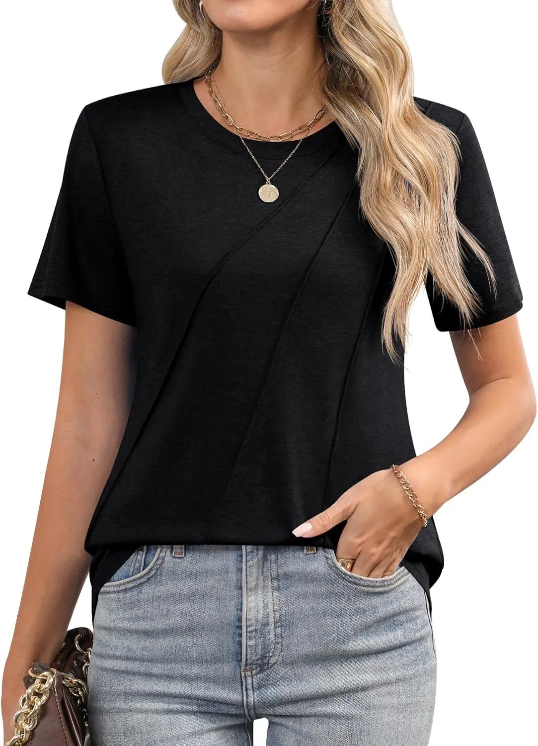 LOMON Womens Summer Tops 2025 Crew Neck Short Sleeve Pleated Tops Blouses Spring Fashion