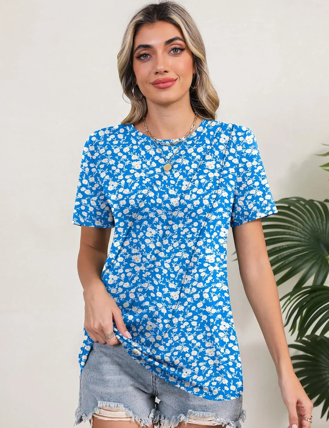 LOMON Womens Summer Tops 2025 Crew Neck Short Sleeve Pleated Tops Blouses Spring Fashion