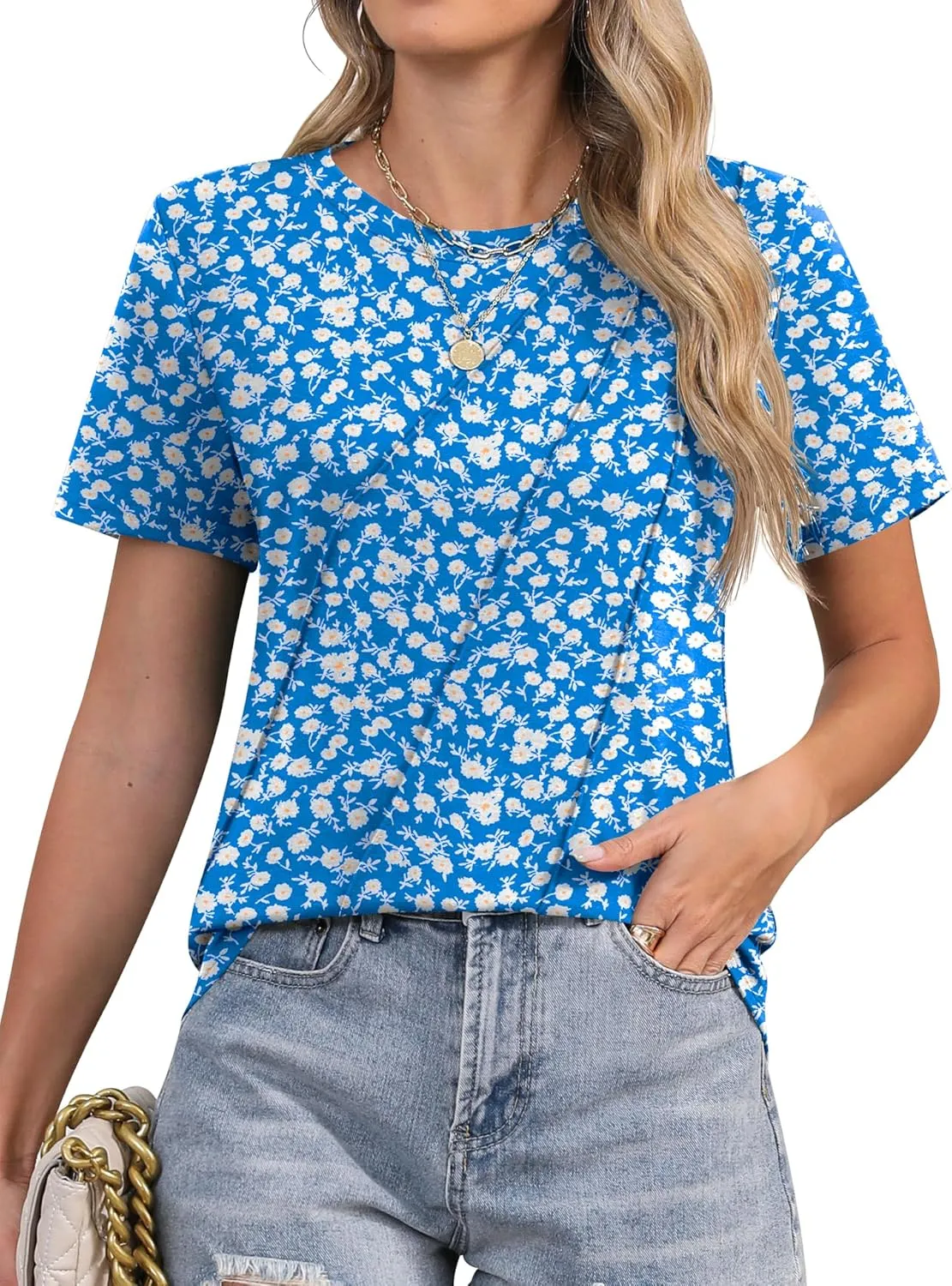 LOMON Womens Summer Tops 2025 Crew Neck Short Sleeve Pleated Tops Blouses Spring Fashion
