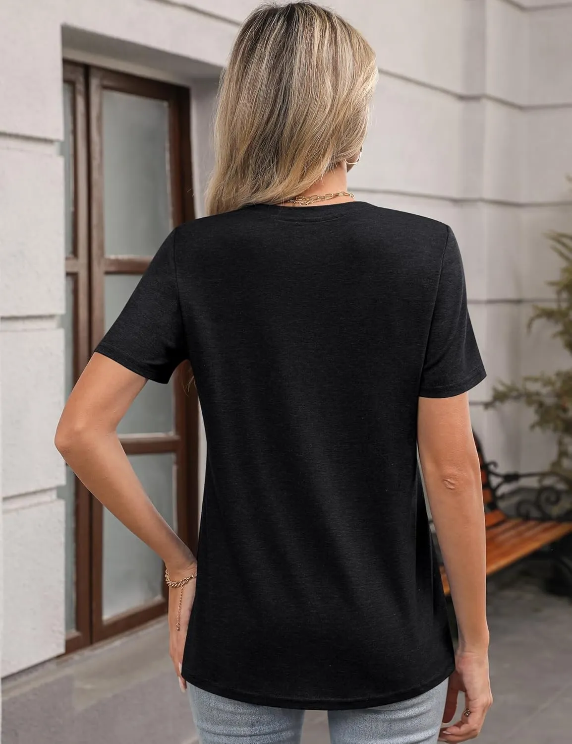 LOMON Womens Summer Tops 2025 Crew Neck Short Sleeve Pleated Tops Blouses Spring Fashion