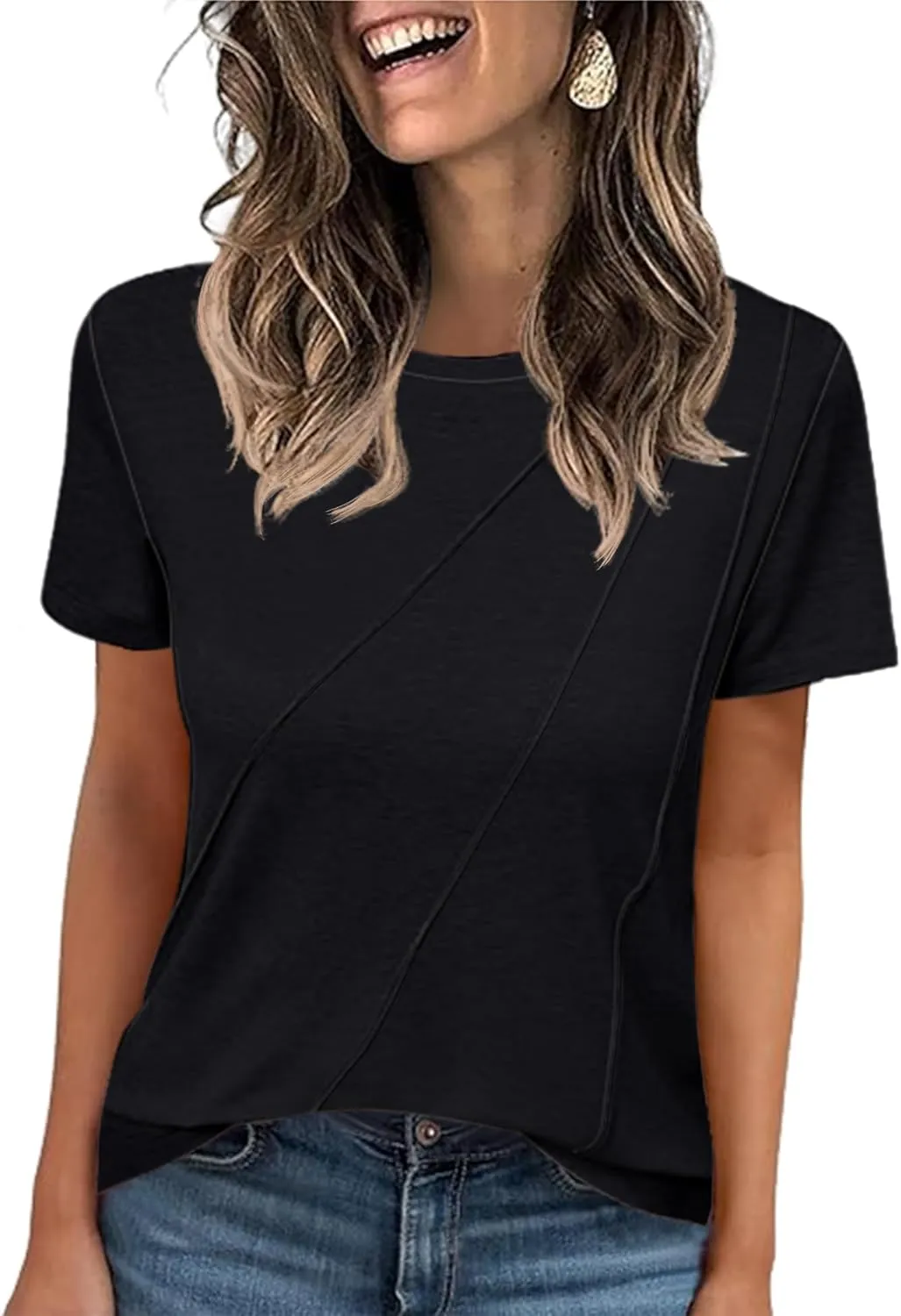 LOMON Womens Summer Tops 2025 Crew Neck Short Sleeve Pleated Tops Blouses Spring Fashion