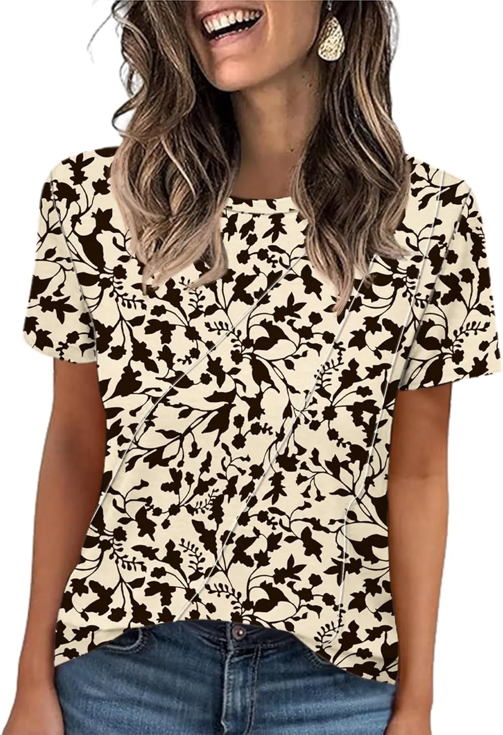 LOMON Womens Summer Tops 2025 Crew Neck Short Sleeve Pleated Tops Blouses Spring Fashion