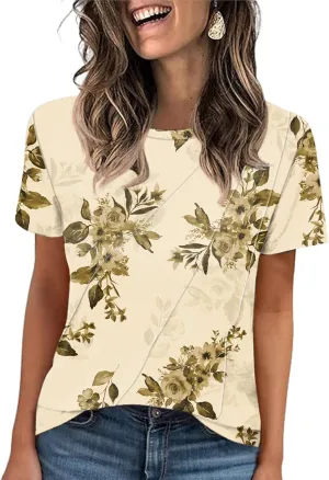 LOMON Womens Summer Tops 2025 Crew Neck Short Sleeve Pleated Tops Blouses Spring Fashion