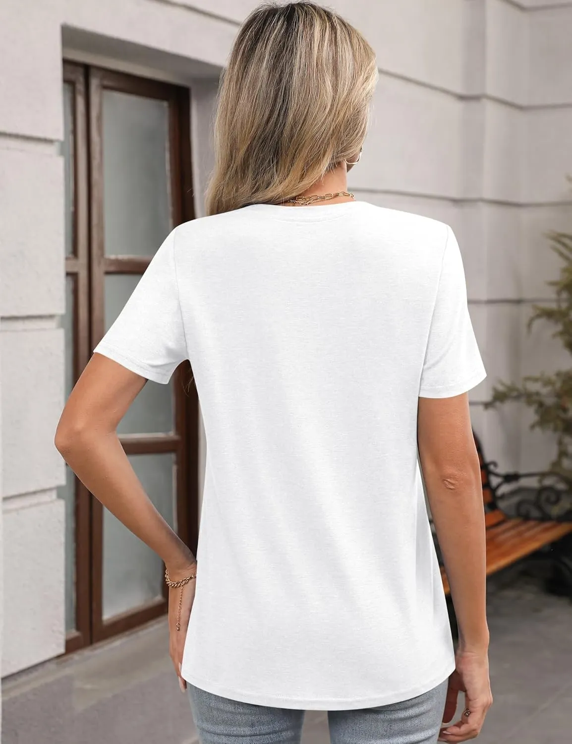 LOMON Womens Summer Tops 2025 Crew Neck Short Sleeve Pleated Tops Blouses Spring Fashion