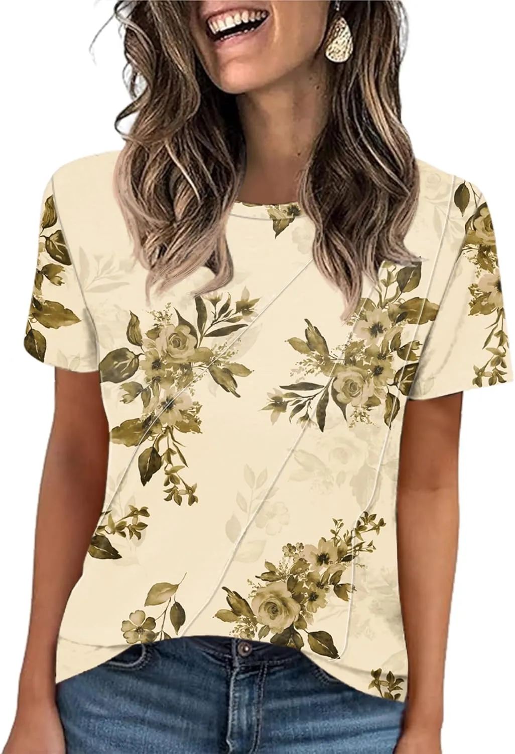 LOMON Womens Summer Tops 2025 Crew Neck Short Sleeve Pleated Tops Blouses Spring Fashion