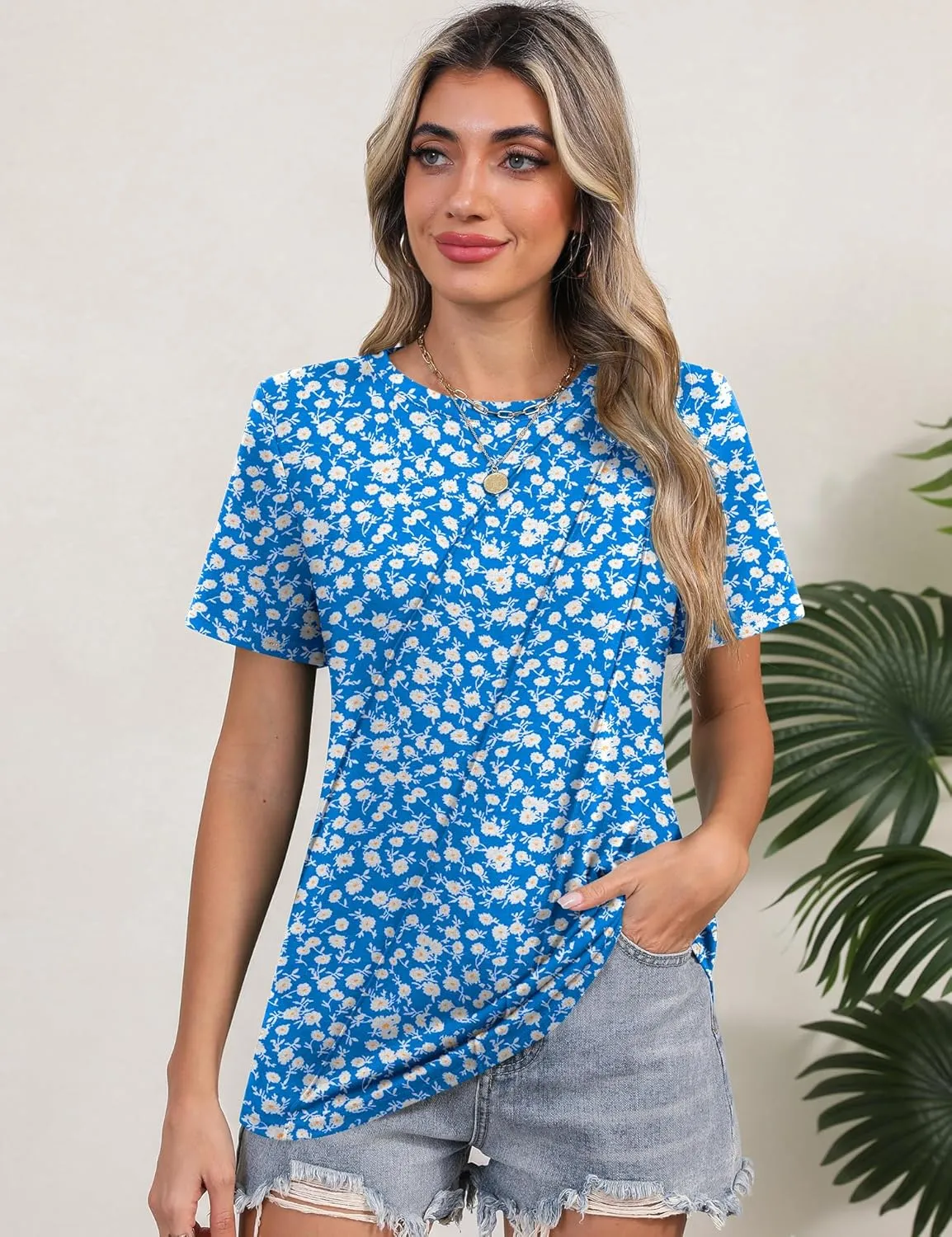 LOMON Womens Summer Tops 2025 Crew Neck Short Sleeve Pleated Tops Blouses Spring Fashion