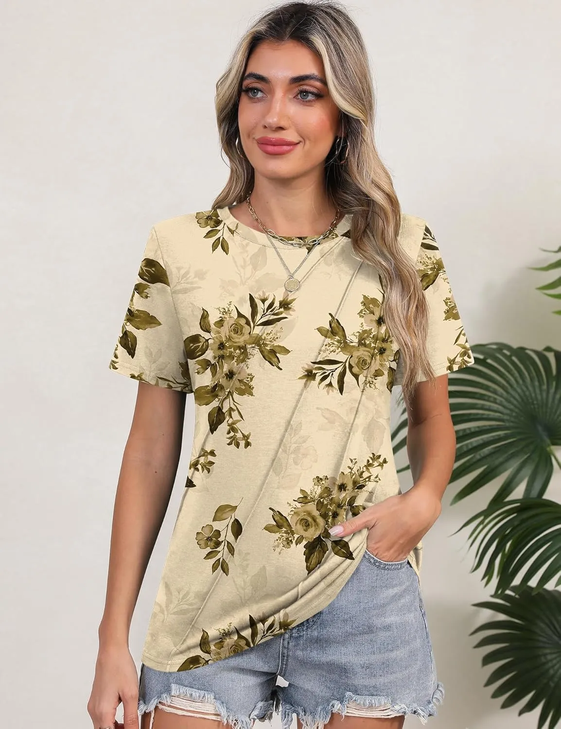 LOMON Womens Summer Tops 2025 Crew Neck Short Sleeve Pleated Tops Blouses Spring Fashion