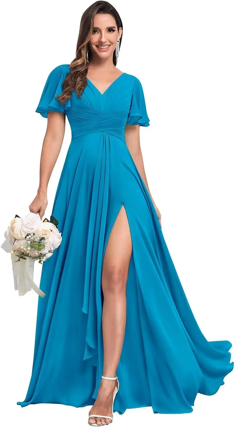 Long Chiffon Bridesmaid Dresses for Women V Neck Elegant Ruffle Formal Evening Gown with Sleeves