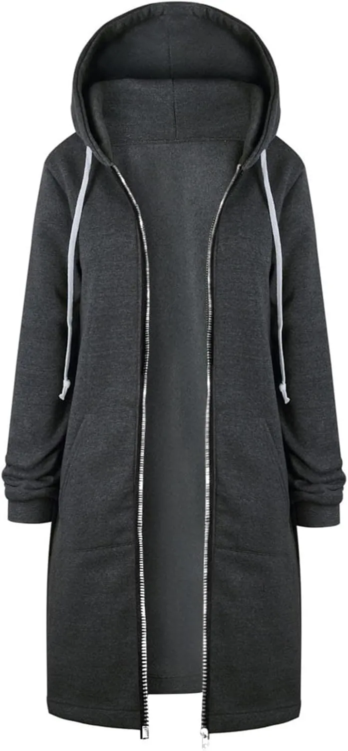 Long Jacket for Women Long Sleeve V Neck Full Zip Up Plain Trench Hooded Coat with Pocket Fleece Autumn Casual Winter Loose