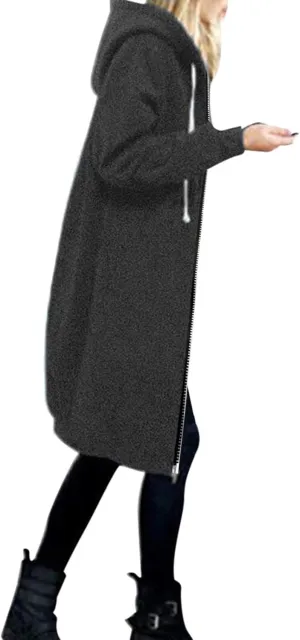 Long Jacket for Women Long Sleeve V Neck Full Zip Up Plain Trench Hooded Coat with Pocket Fleece Autumn Casual Winter Loose