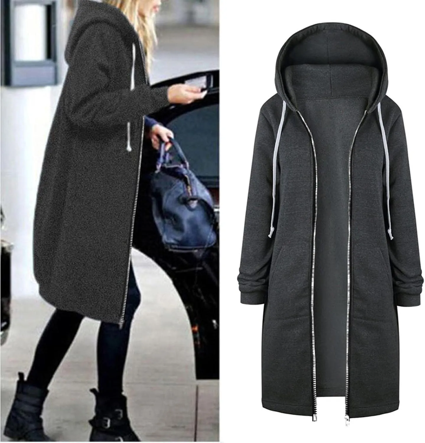 Long Jacket for Women Long Sleeve V Neck Full Zip Up Plain Trench Hooded Coat with Pocket Fleece Autumn Casual Winter Loose