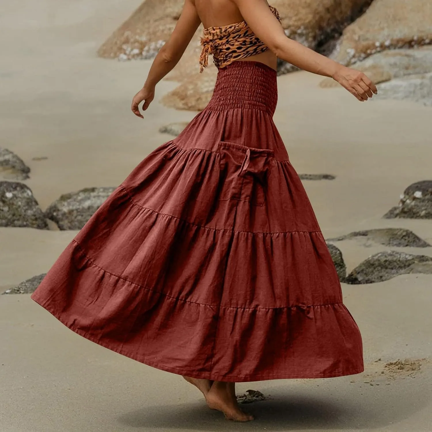 Long Maxi Skirts for Women Boho Solid High Waisted Casual A Line Skirt Pleated Beach Flowy Swing Midi Skirt