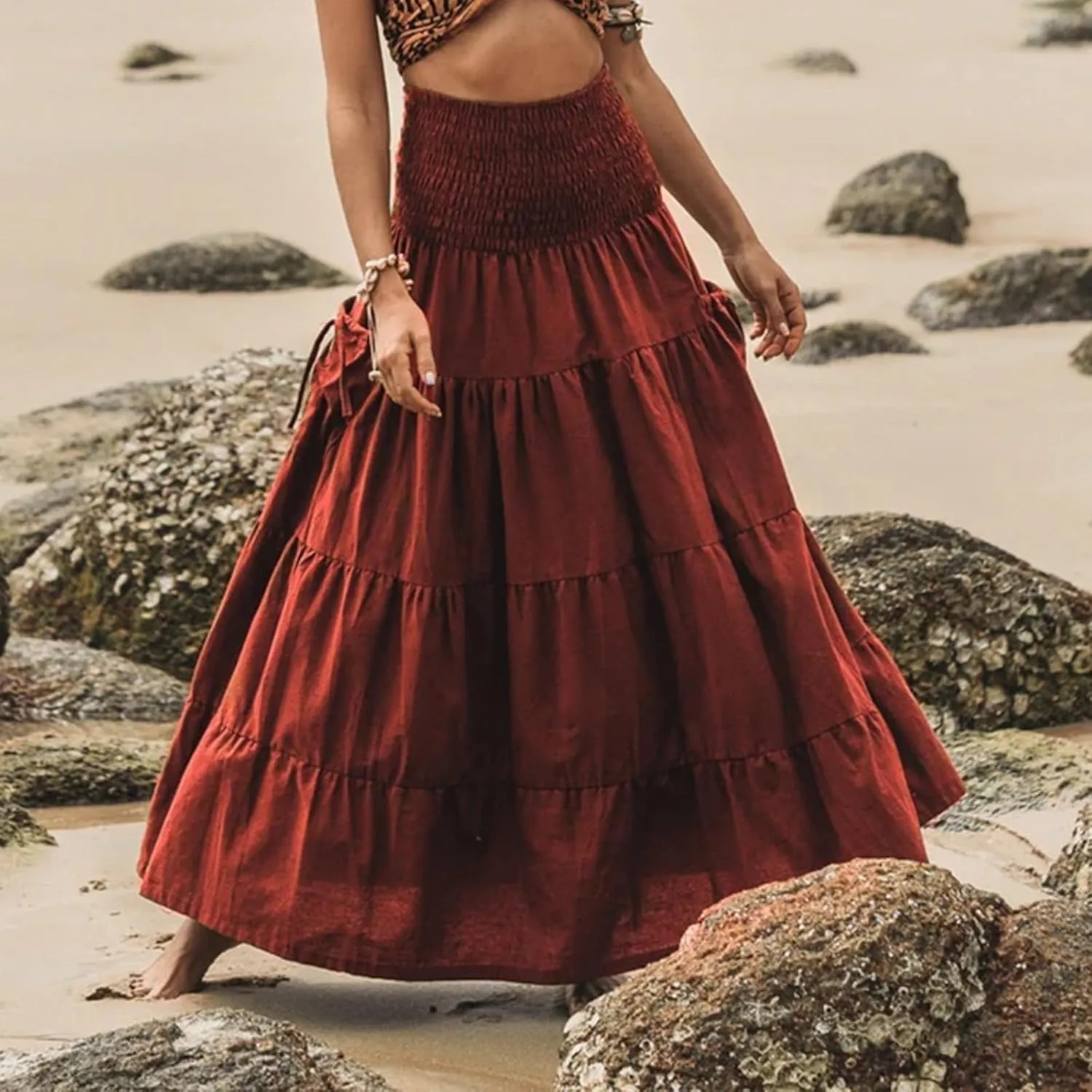 Long Maxi Skirts for Women Boho Solid High Waisted Casual A Line Skirt Pleated Beach Flowy Swing Midi Skirt