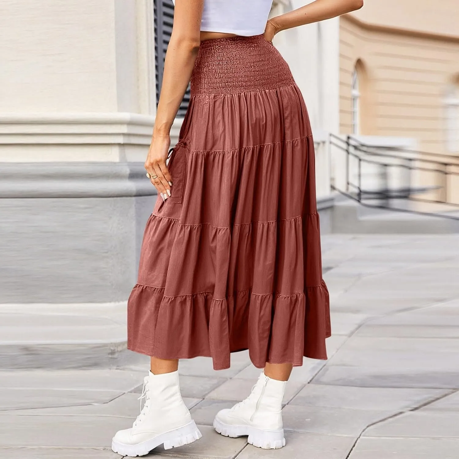 Long Maxi Skirts for Women Boho Solid High Waisted Casual A Line Skirt Pleated Beach Flowy Swing Midi Skirt