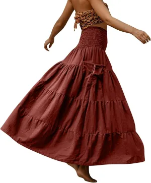 Long Maxi Skirts for Women Boho Solid High Waisted Casual A Line Skirt Pleated Beach Flowy Swing Midi Skirt