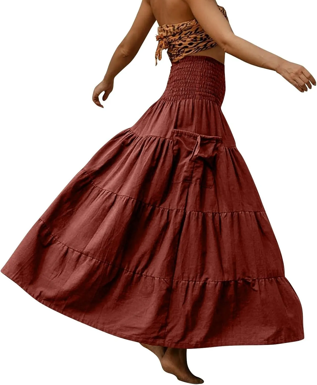 Long Maxi Skirts for Women Boho Solid High Waisted Casual A Line Skirt Pleated Beach Flowy Swing Midi Skirt
