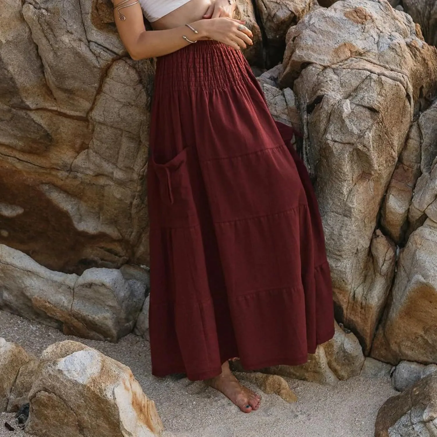 Long Maxi Skirts for Women Boho Solid High Waisted Casual A Line Skirt Pleated Beach Flowy Swing Midi Skirt