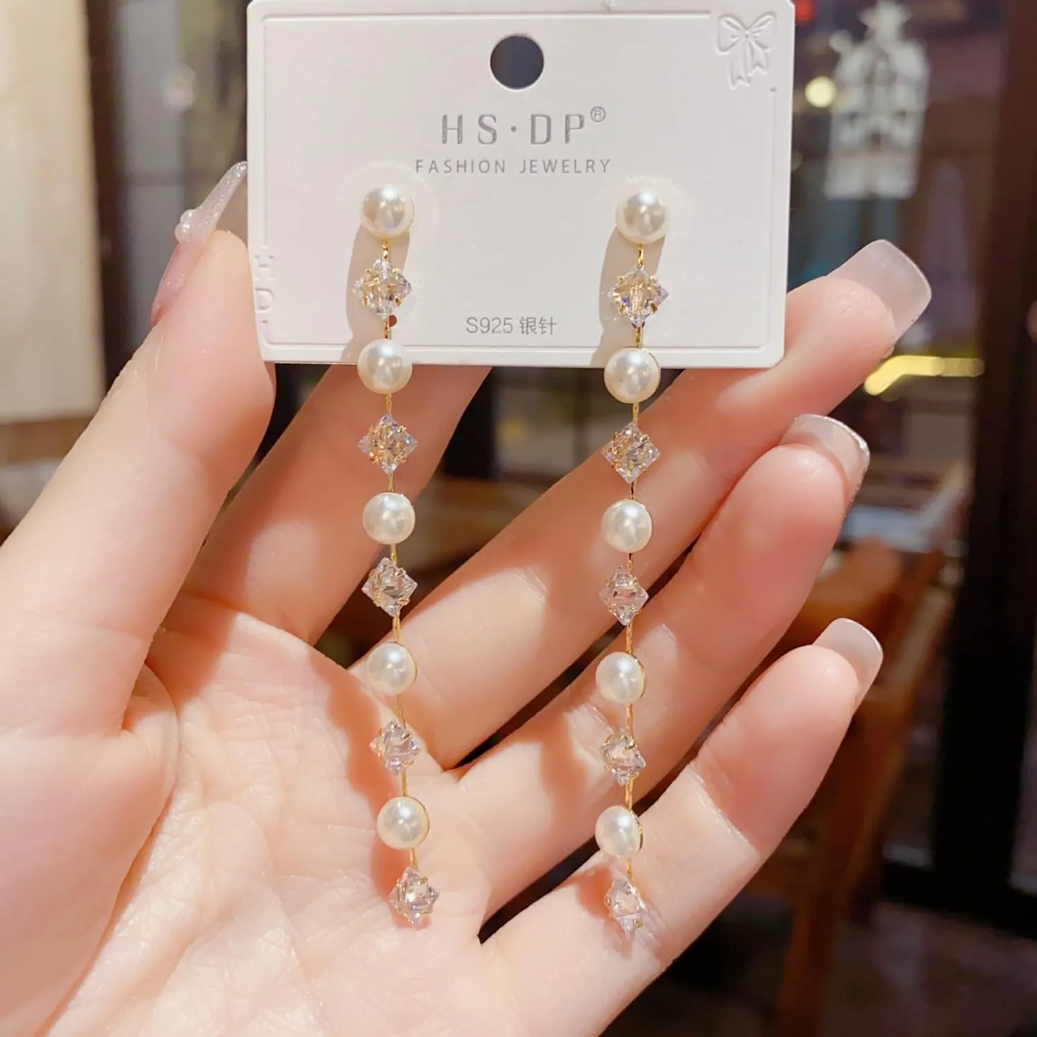 Long Pearl Drop Dangle Earrings for Women Gold Tassel Tiny Pearl Chain Earrings Wedding Earrings Jewelry