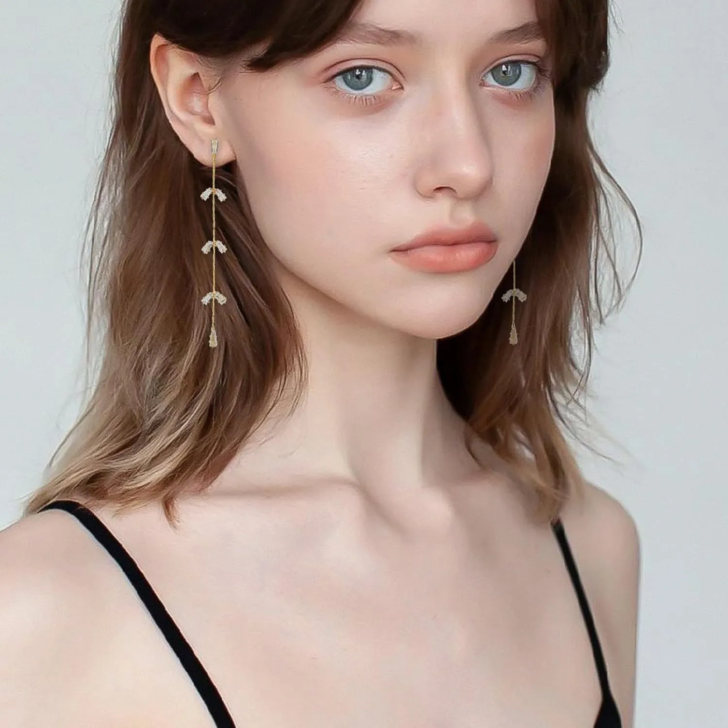 Long Pearl Drop Dangle Earrings for Women Gold Tassel Tiny Pearl Chain Earrings Wedding Earrings Jewelry