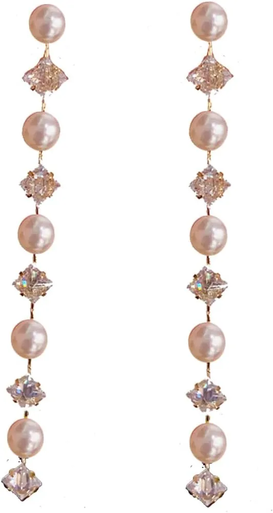 Long Pearl Drop Dangle Earrings for Women Gold Tassel Tiny Pearl Chain Earrings Wedding Earrings Jewelry