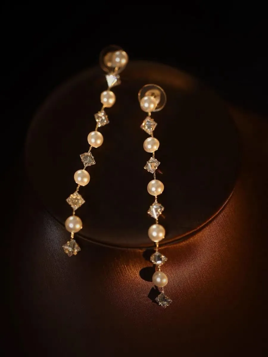 Long Pearl Drop Dangle Earrings for Women Gold Tassel Tiny Pearl Chain Earrings Wedding Earrings Jewelry
