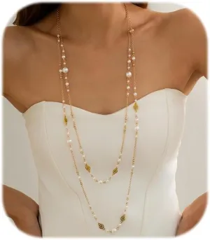 Long Pearl Necklaces for Women Dainty Beaded Pearl Long Necklace Pearl Strand Layered Necklace Statement Sweater Strand Chain Necklace Jewelry