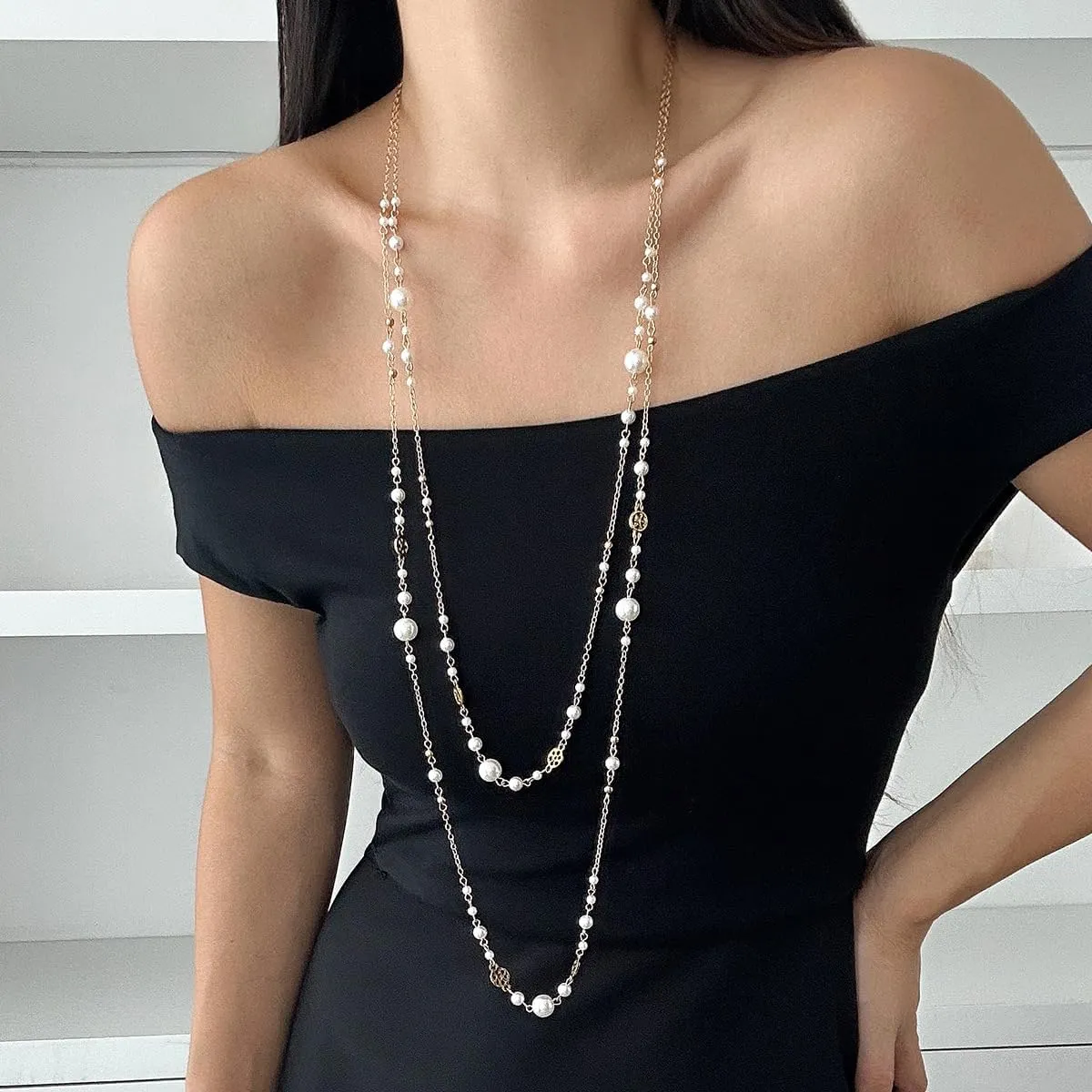 Long Pearl Necklaces for Women Dainty Beaded Pearl Long Necklace Pearl Strand Layered Necklace Statement Sweater Strand Chain Necklace Jewelry