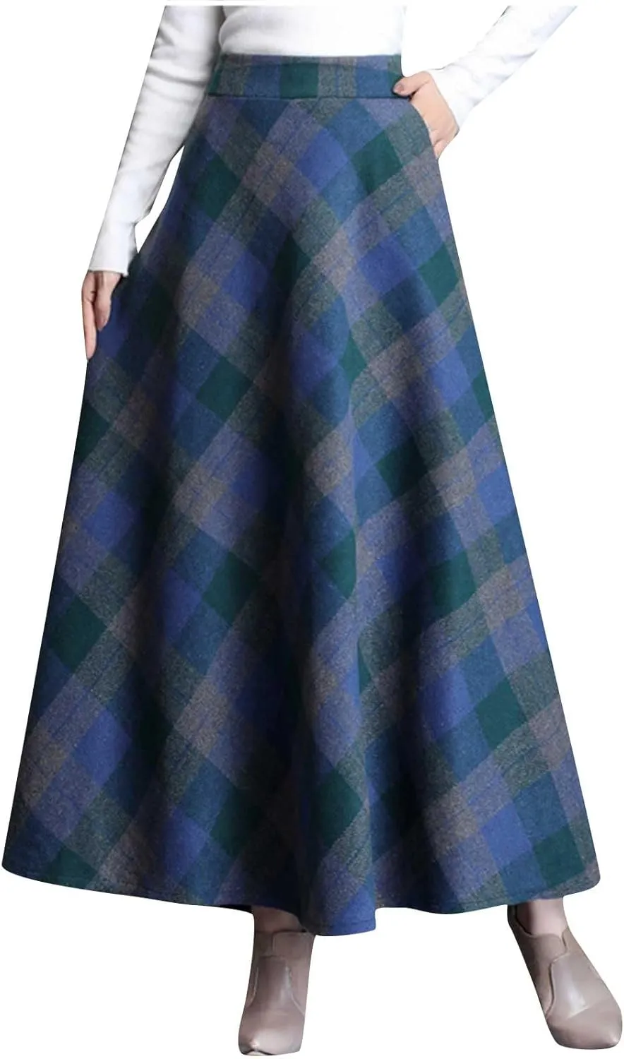 Long Plaid Skirt for Womens Winter Fall Warm High Elastic Waist A line Flared Pleated Skirt Casual Flowy Long Skirts
