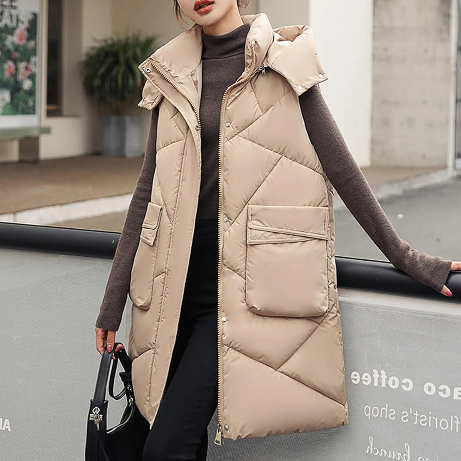 Long Puffer Vest Women Quilted Hooded Zip Up Sleeveless Outerwear Padded Quilted Jackets Winter Trendy Coat 2024