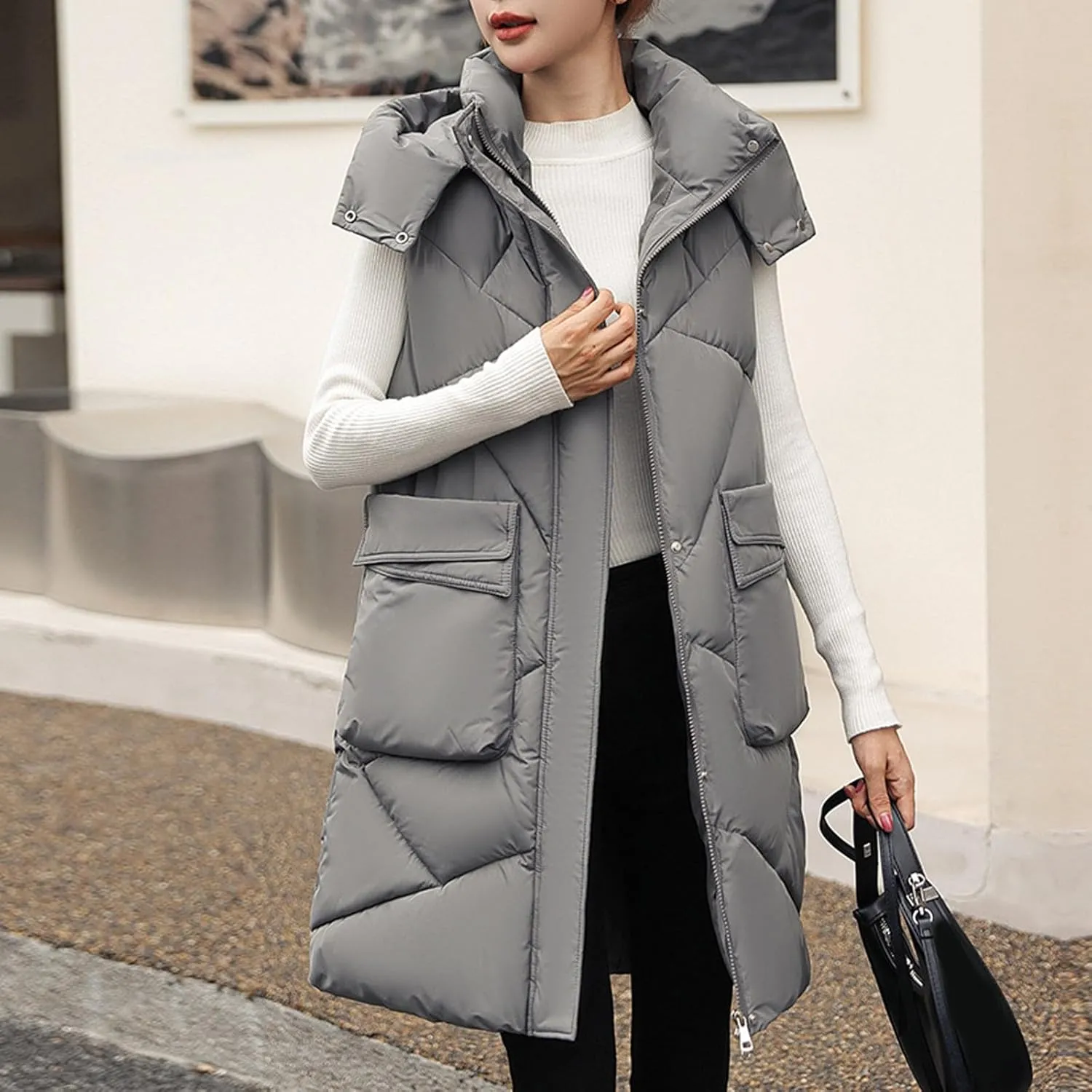 Long Puffer Vest Women Quilted Hooded Zip Up Sleeveless Outerwear Padded Quilted Jackets Winter Trendy Coat 2024
