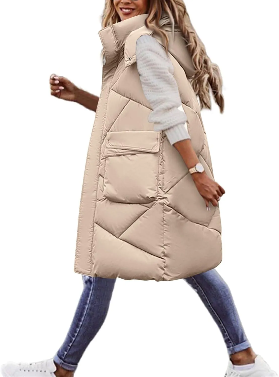 Long Puffer Vest Women Quilted Hooded Zip Up Sleeveless Outerwear Padded Quilted Jackets Winter Trendy Coat 2024