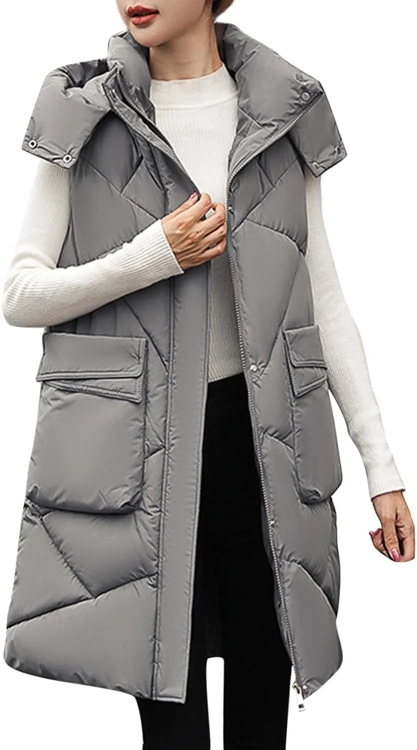 Long Puffer Vest Women Quilted Hooded Zip Up Sleeveless Outerwear Padded Quilted Jackets Winter Trendy Coat 2024