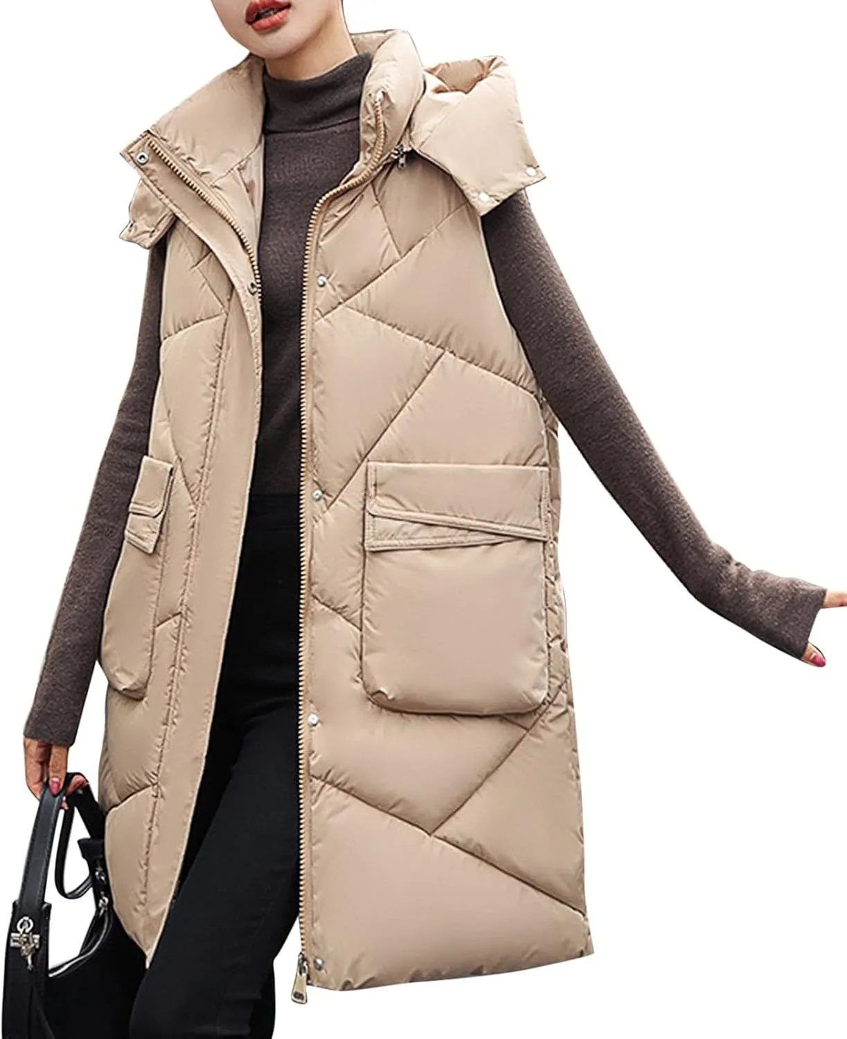 Long Puffer Vest Women Quilted Hooded Zip Up Sleeveless Outerwear Padded Quilted Jackets Winter Trendy Coat 2024