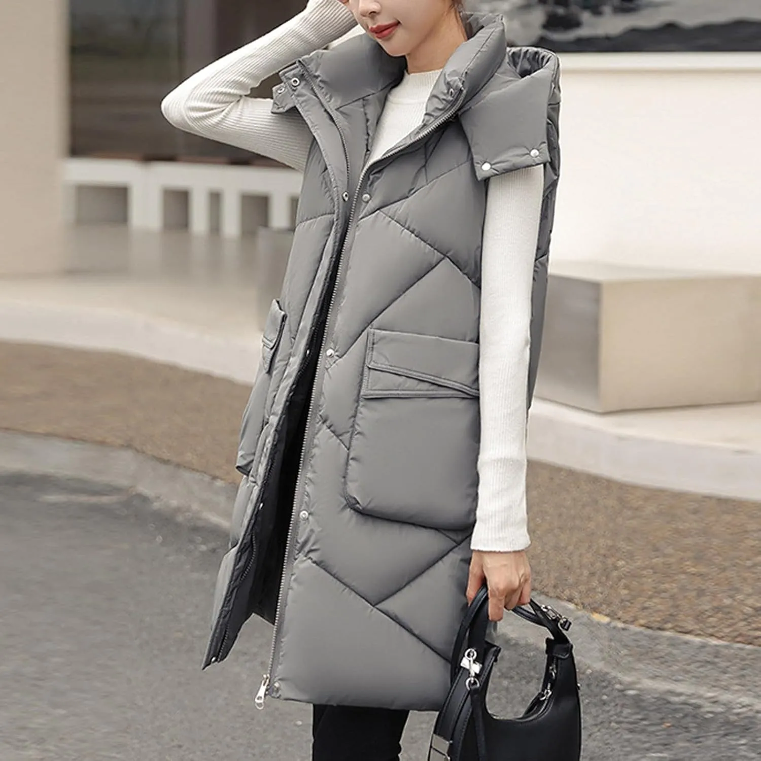 Long Puffer Vest Women Quilted Hooded Zip Up Sleeveless Outerwear Padded Quilted Jackets Winter Trendy Coat 2024