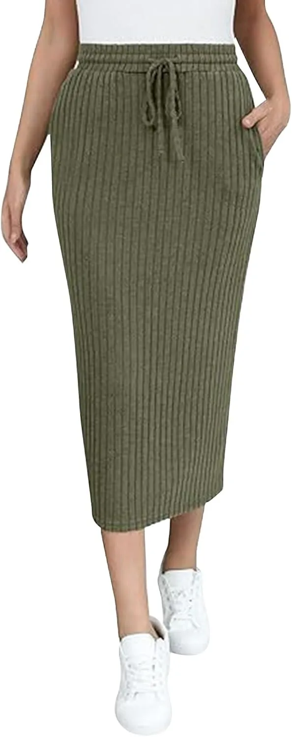 Long Skirts for Women 2025 Summer Trendy Maxi Skirt with Pockets Ribbed Knit Stretchy Soft Daily Outfits