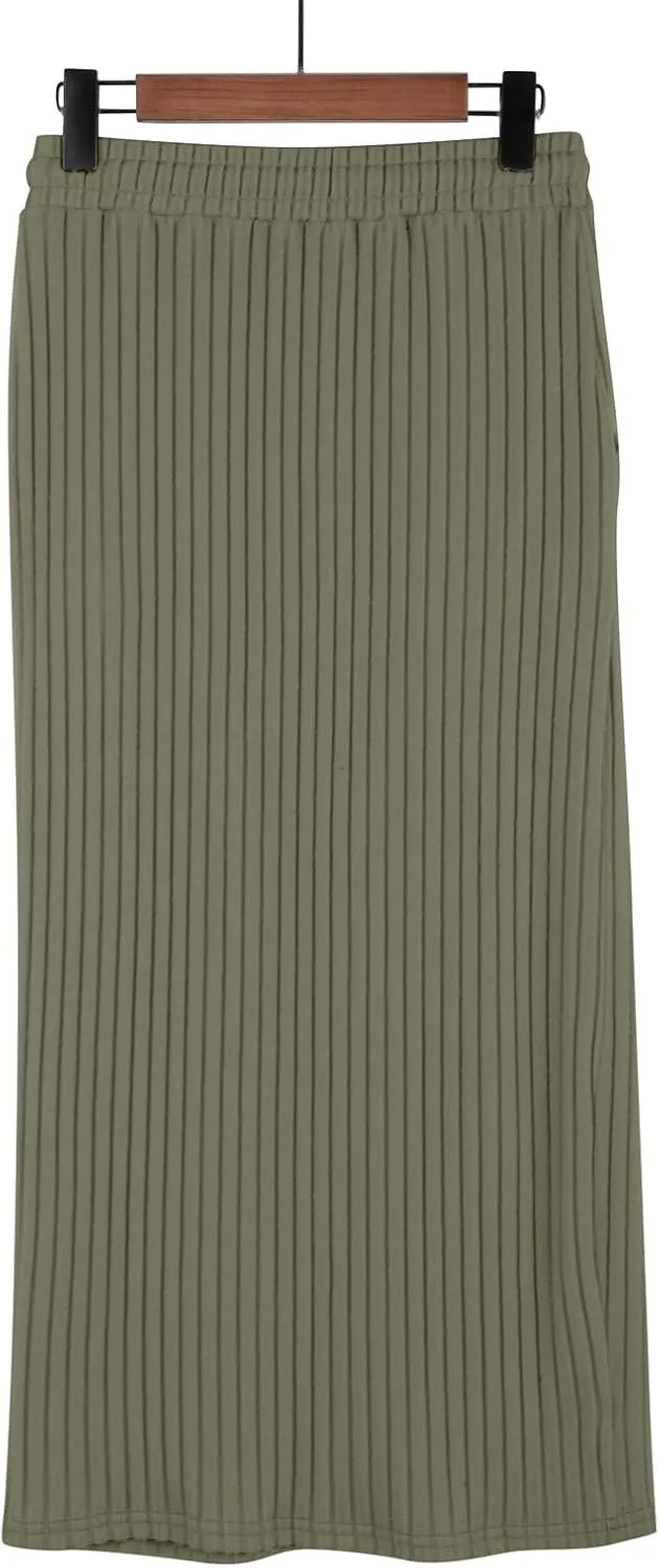 Long Skirts for Women 2025 Summer Trendy Maxi Skirt with Pockets Ribbed Knit Stretchy Soft Daily Outfits