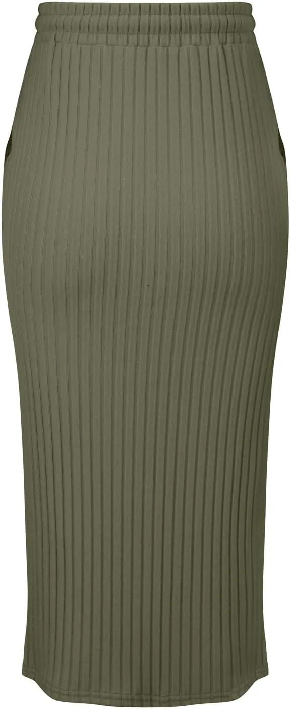 Long Skirts for Women 2025 Summer Trendy Maxi Skirt with Pockets Ribbed Knit Stretchy Soft Daily Outfits