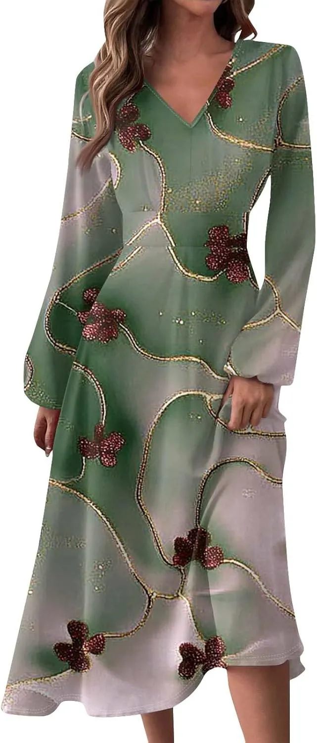 Long Sleeve Dress Women Midi Spring V Neck Puff Sleeve Wrap Dress Floral Graphic High Waist Ruched Dresses Party Dress
