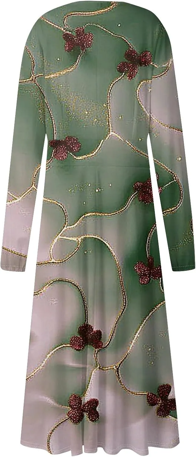 Long Sleeve Dress Women Midi Spring V Neck Puff Sleeve Wrap Dress Floral Graphic High Waist Ruched Dresses Party Dress