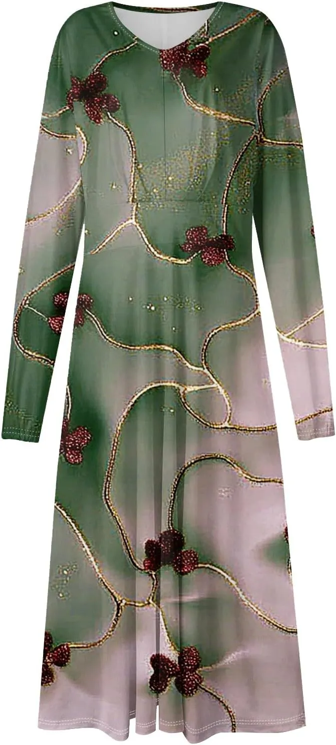 Long Sleeve Dress Women Midi Spring V Neck Puff Sleeve Wrap Dress Floral Graphic High Waist Ruched Dresses Party Dress