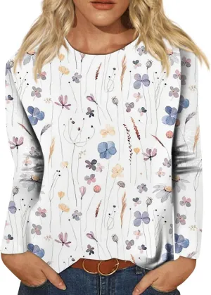 Long Sleeve Shirts for Women - Womens T Shirts Long Sleeve Crew Neck Shirts Basic Tee Sort Comfy Printed Tops Blouse
